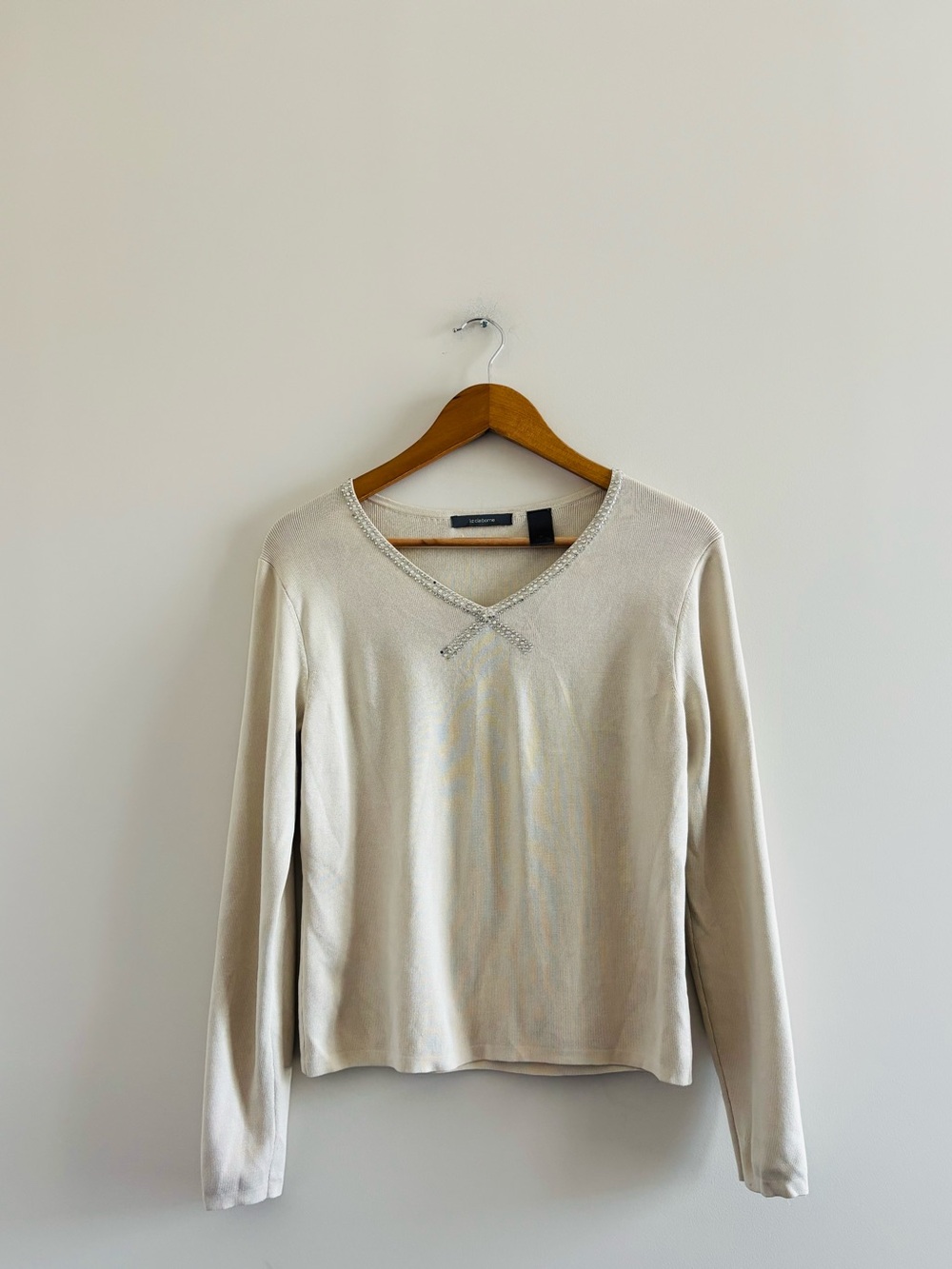 VTG Liz Claiborne Top Beige Rhinestone Silk Knit Long Sleeve Womens M Classic